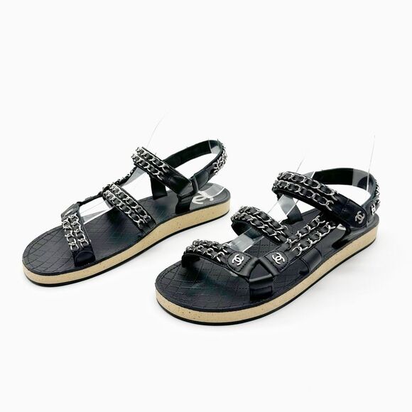 CHANEL 2022 Black Chain Interlocking CC Dad Sandals Size 40 Open Toe Slingback - Picture 14 of 15